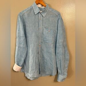Bugatchi Shaped Fit 100% Linen Light Blue Button-Up Shirt Roll Top Sleeves M
